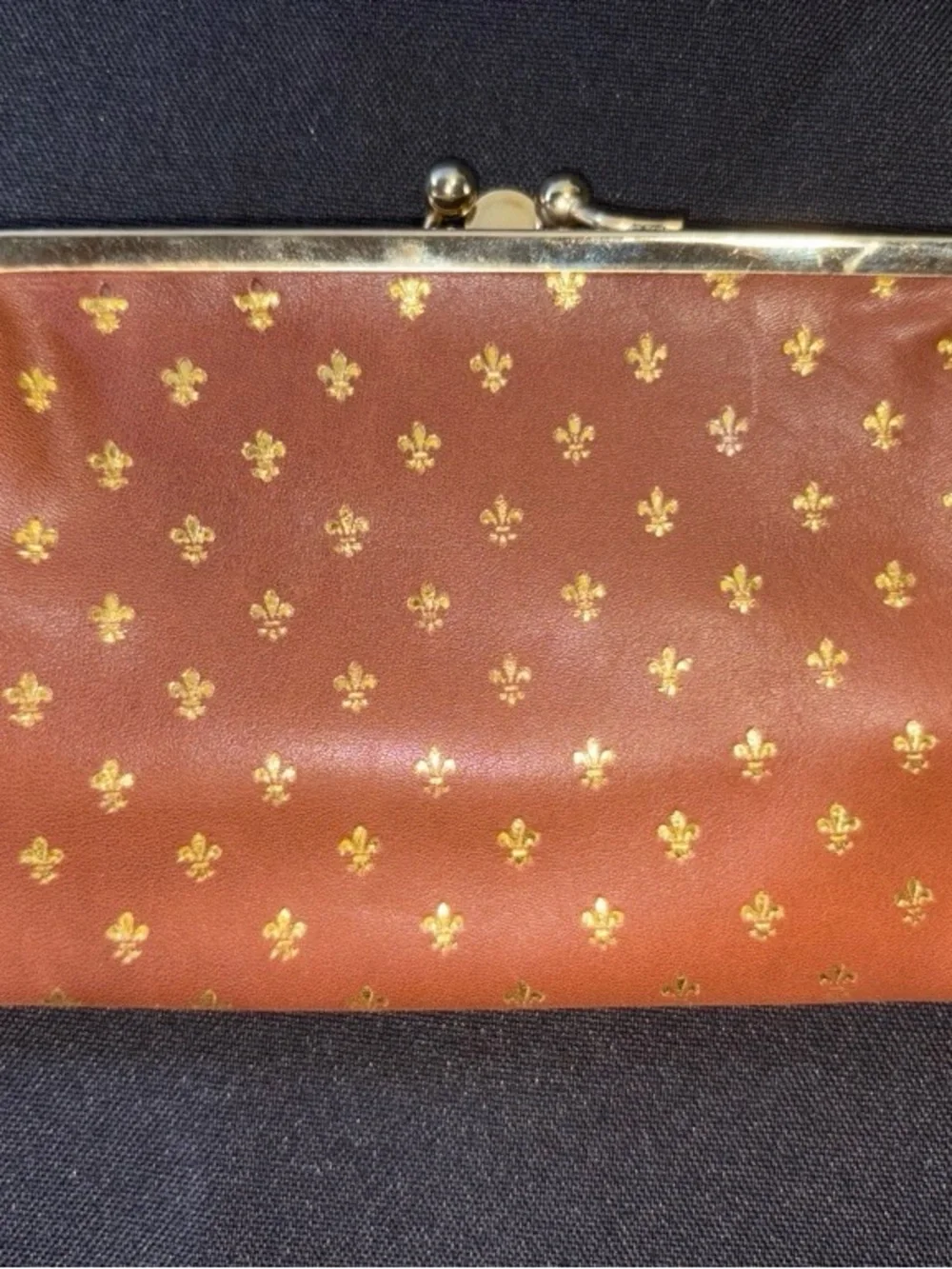 Vintage Arte Fiorentina Coin Purse Brown Gold Fleur-de-Lis Kiss Lock Small EUC